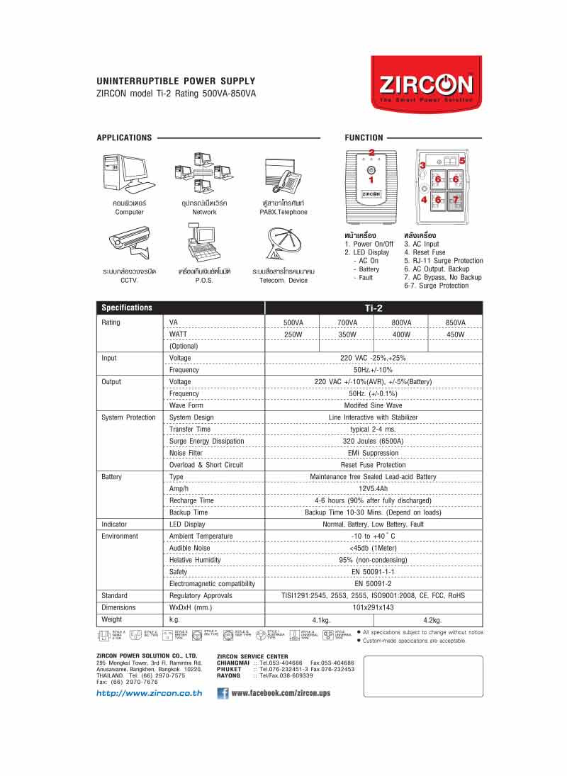 ZIRCON เครื่องสำรองไฟ รุ่น Ti2 850VA/450W