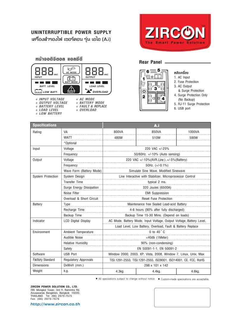 ZIRCON เครื่องสำรองไฟ รุ่น AI 1000VA/590W