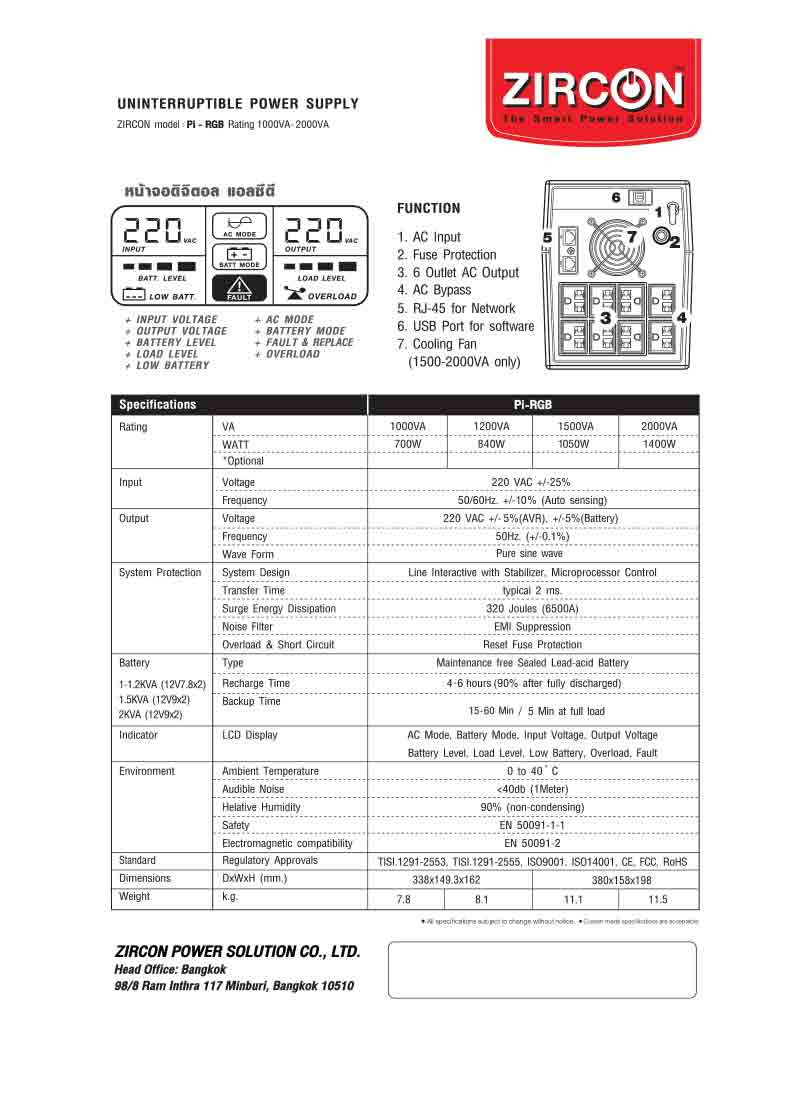 ZIRCON เครื่องสำรองไฟ รุ่น PI RGB 1200VA/840W