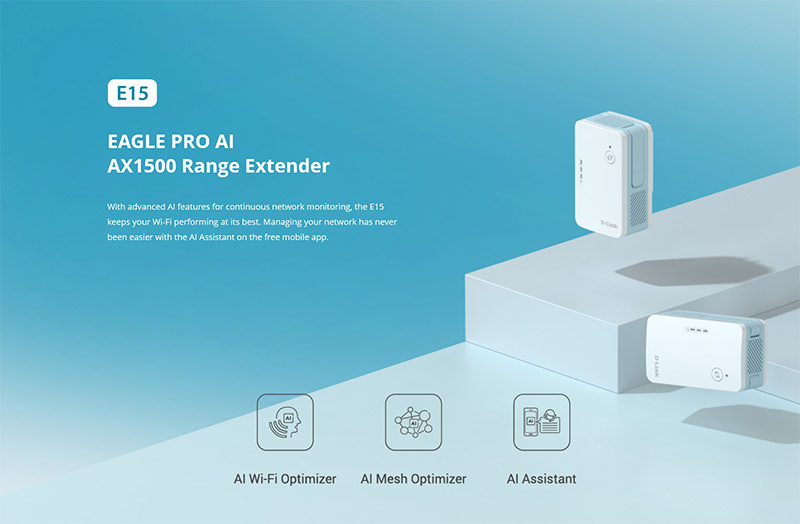 D-Link อุปกรณ์ทวนสัญญาณ E15 AX1500 Eagle Pro AI Mesh Range Extender