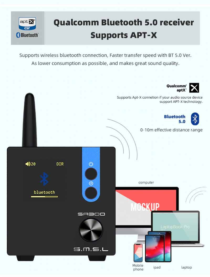 SMSL แอมป์ตั้งโต๊ะระดับ Hi-Res รองรับ Bluetooth5.0 รุ่น SA300 