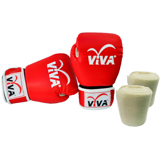 VIVA Set นวมมวยไทย / สากล หนังเทียม VELCRO 10 OZ. สีแดง และผ้าพันมือธรรมดา 1 คู่