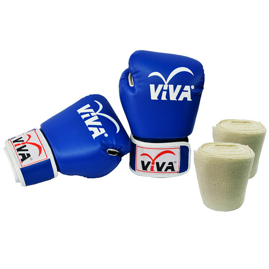 VIVA Set นวมมวยไทย / สากล หนังเทียม VELCRO 10 OZ. สีน้ำเงิน และผ้าพันมือธรรมดา 1 คู่