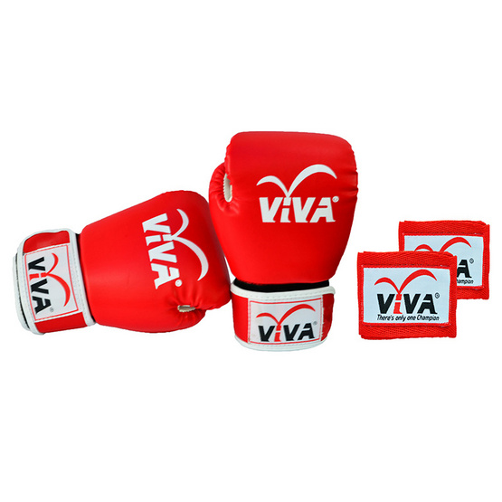 VIVA Set นวมมวยไทย / สากล หนังเทียม VELCRO 10 OZ. สีแดง และผ้าพันมืออย่างดียาว 2.5 เมตร 1 คู่