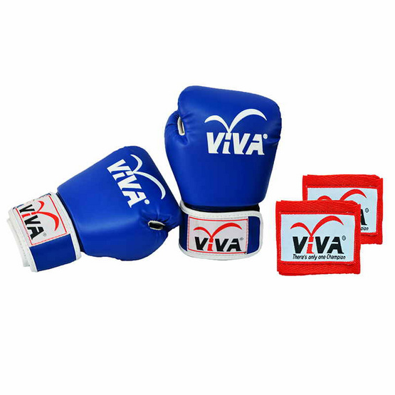 VIVA Set นวมมวยไทย / สากล หนังเทียม VELCRO 10 OZ. สีน้ำเงิน และผ้าพันมืออย่างดียาว 2.5 เมตร 1คู่