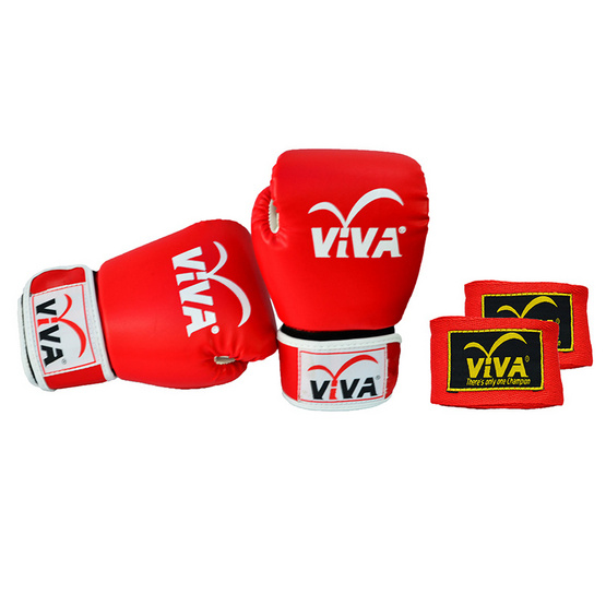 VIVA Set นวมมวยไทย / สากล หนังเทียม VELCRO 10 OZ. สีแดง และผ้าพันมืออย่างดียาว 4 เมตร 1 คู่