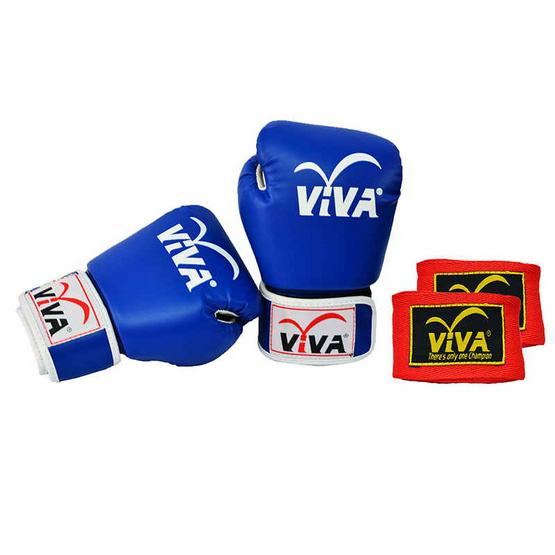 VIVA Set นวมมวยไทย / สากล หนังเทียม VELCRO 10 OZ. สีน้ำเงิน และผ้าพันมืออย่างดียาว 4 เมตร 1 คู่