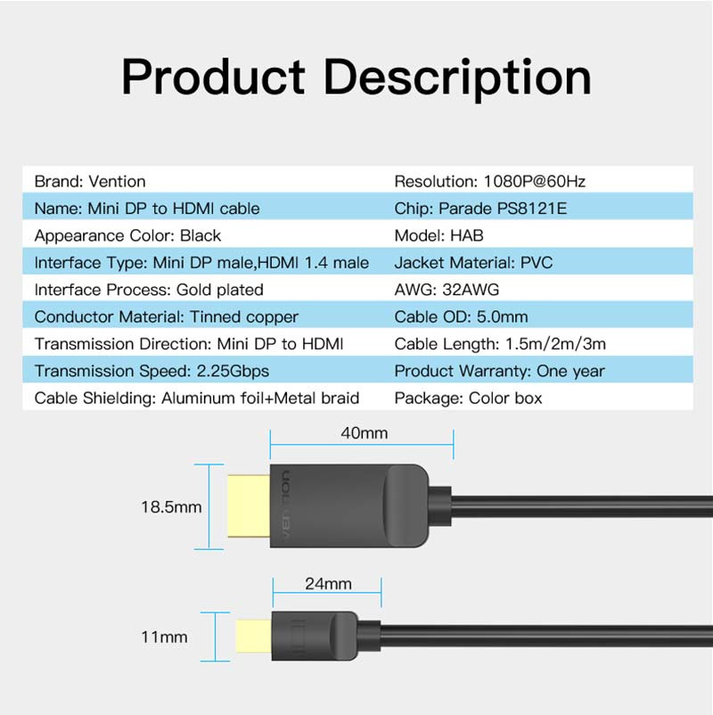 Vention Mini Display To HDMI Cable 1.5 M.