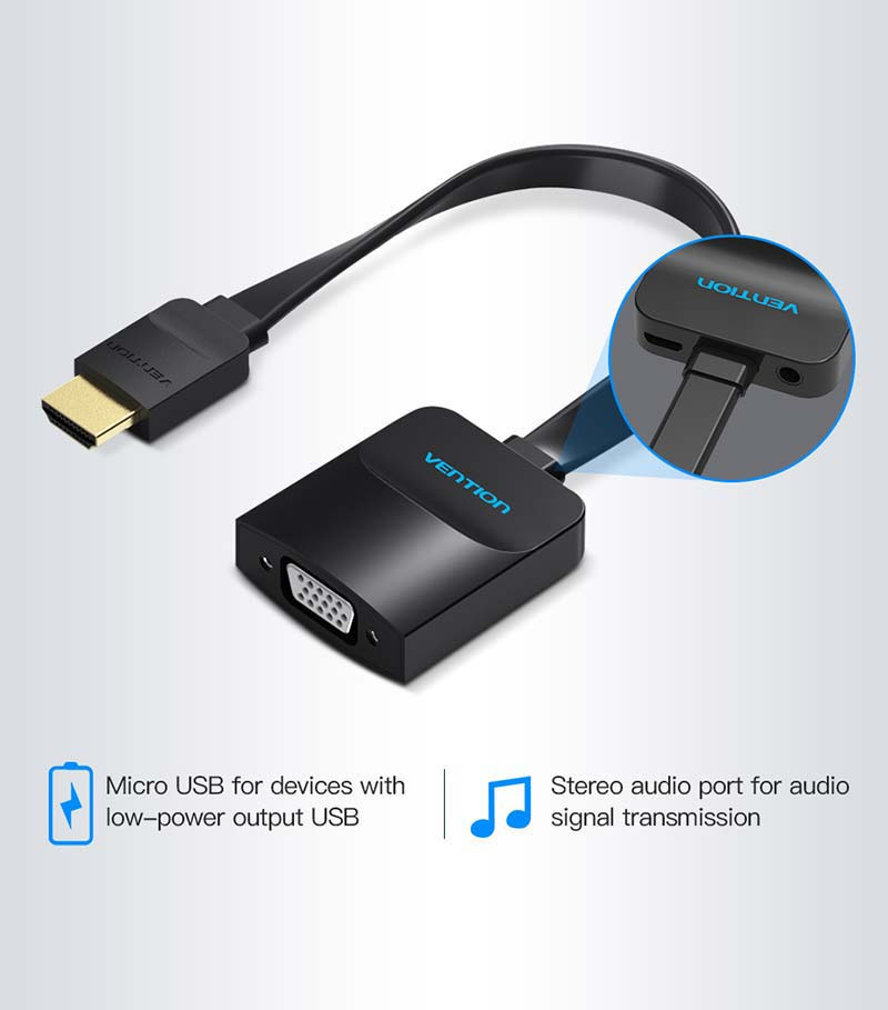 Vention Flat HDMI To VGA Converter With Female Micro USB And Audio Port