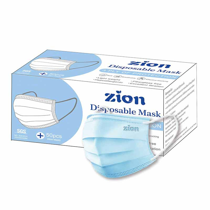 ZION หน้ากากป้องกันฝุ่นละออง สีฟ้า (1 กล่อง/50 ชิ้น)