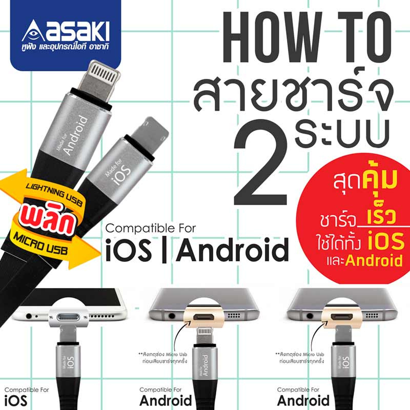 Asaki สายชาร์จ 2 ระบบ Micro/Lightning รุ่น  A-2101