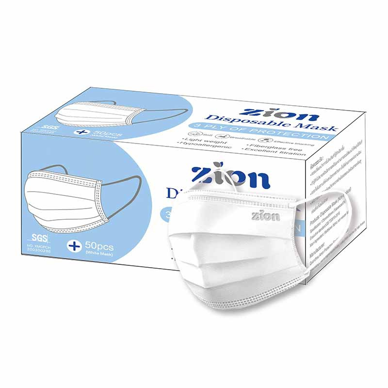 ZION หน้ากากป้องกันฝุ่นละออง สีขาว (1 กล่อง/50 ชิ้น)