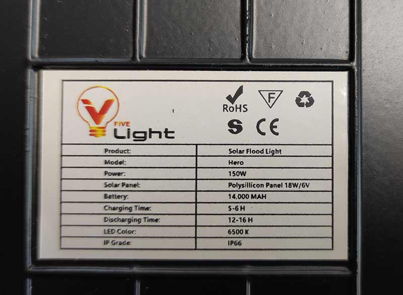 V Five Light โคม Solar ฟลัดไลท์  รุ่น Hero 150W Daylight