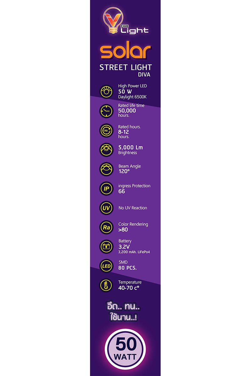 V Five Light โคมไฟถนน Solar Cell รุ่น DIVA 50W Daylight