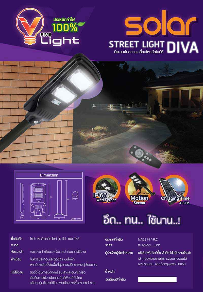 V Five Light โคมไฟถนน Solar Cell รุ่น DIVA 100W Daylight