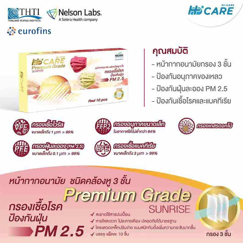 Hi-Care Premium Grade SUNRISE หน้ากากอนามัยหนาพิเศษ รองรับ PM 2.5 สีเหลือง (10 ชิ้น/กล่อง)