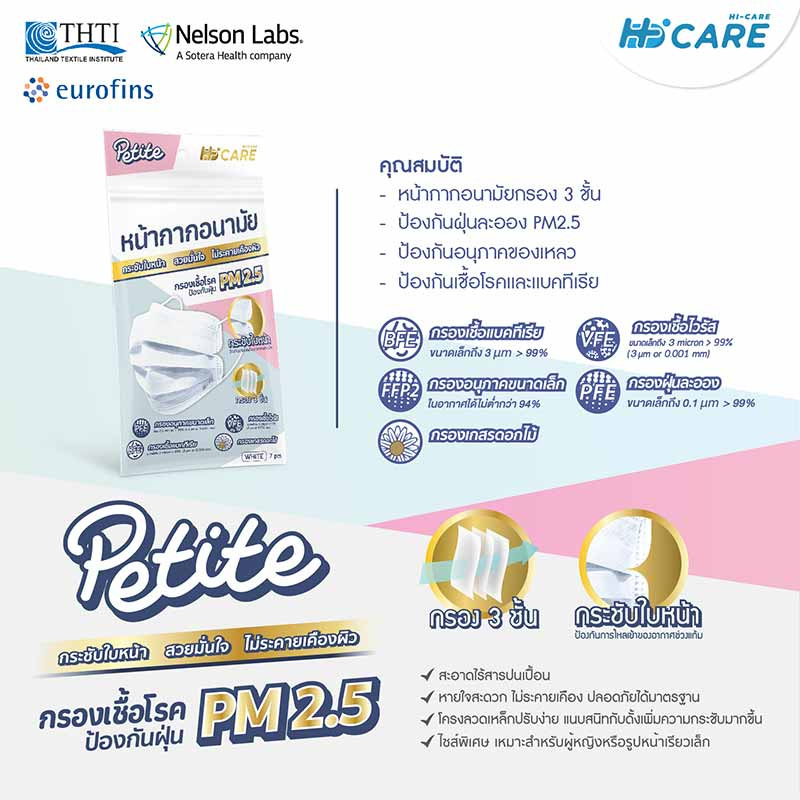 Hi-Care Petite หน้ากากอนามัยกระชับใบหน้า สีขาว (7 ชิ้น/แพ็ก)