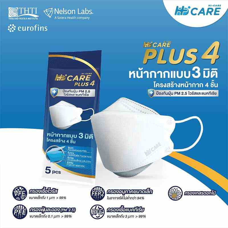 Hi-Care Plus 4 หน้ากากแบบ 3 มิติ หนาพิเศษ (รองรับ PM 2.5) สีขาว 5 ชิ้น/แพ็ก