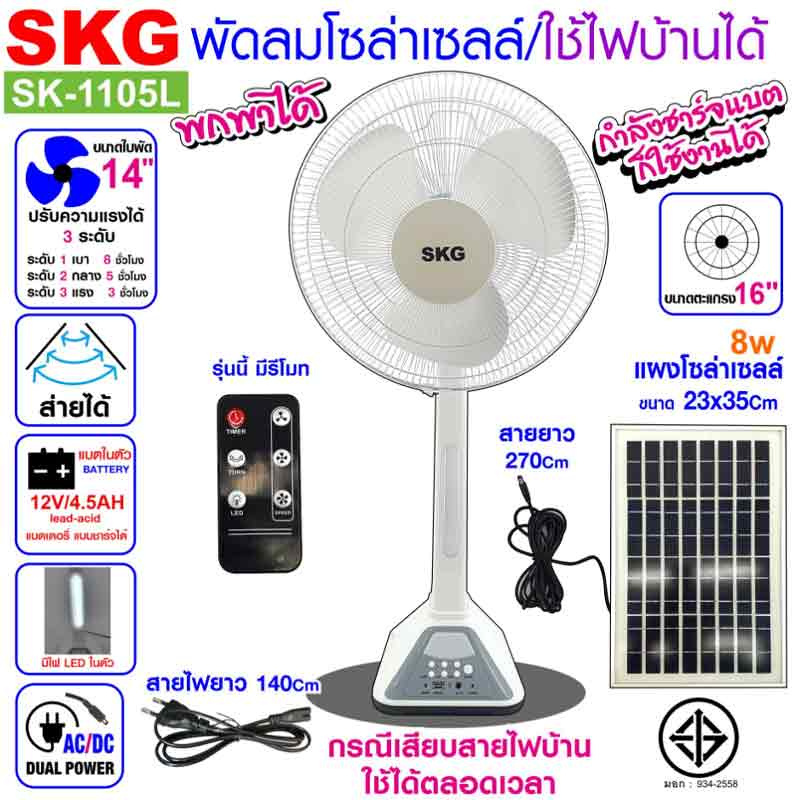 SKG พัดลมไฟฟ้า+พลังงานแสงอาทิตย์ 2IN1 16นิ้ว รุ่น SK-1105L