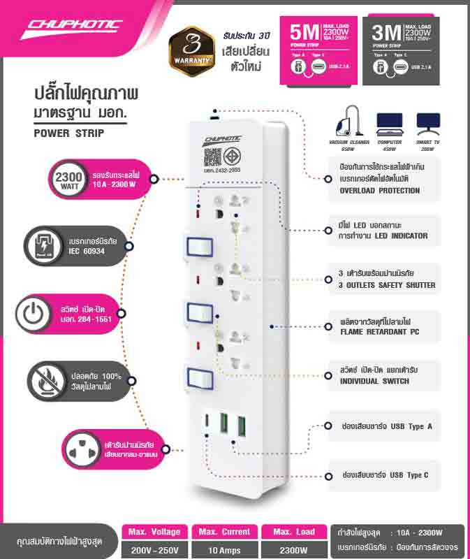 CHUPHOTIC ปลั๊กไฟ 3 ช่อง 2USB-A 1USB-C 3 สวิตซ์ 5 เมตร รุ่น U35-5M