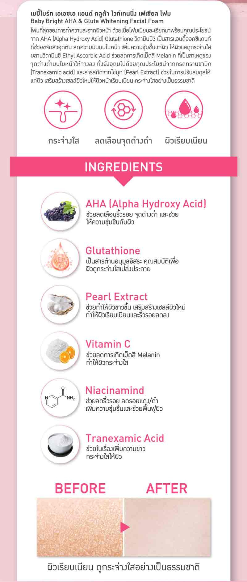 Baby Bright โฟมล้างหน้า AHA & Gluta Whitening Facial Foam 120 กรัม