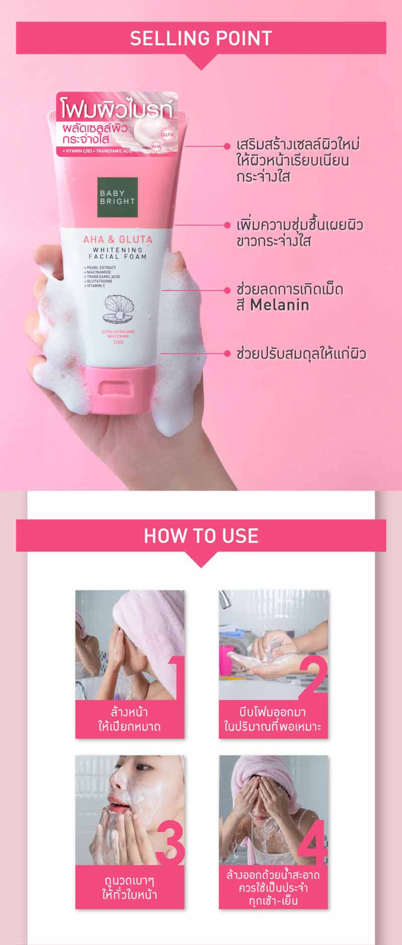 Baby Bright โฟมล้างหน้า AHA & Gluta Whitening Facial Foam 120 กรัม