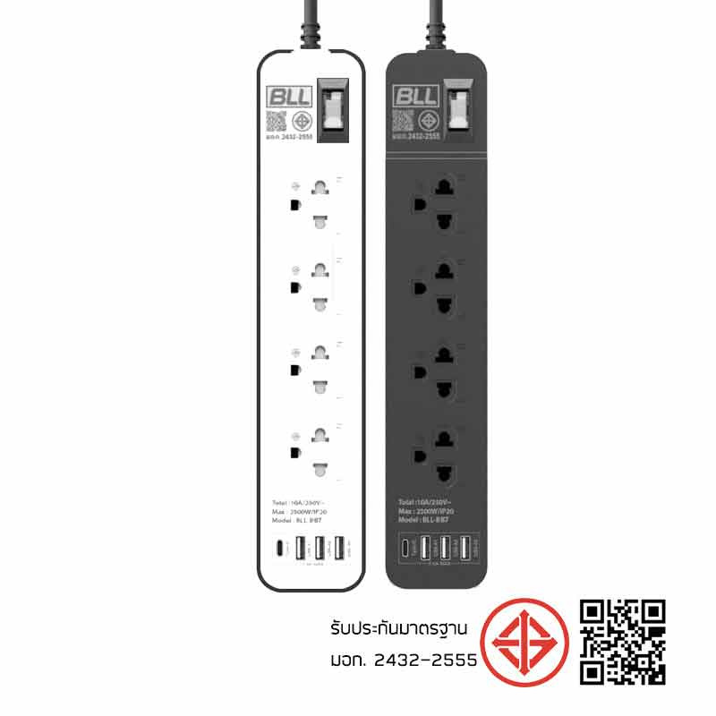 BLL ปลั๊กไฟ รุ่น B87 (4 ช่องเสียบ 1 สวิตซ์ 3 ช่อง USB และ 1 ช่อง Type C)