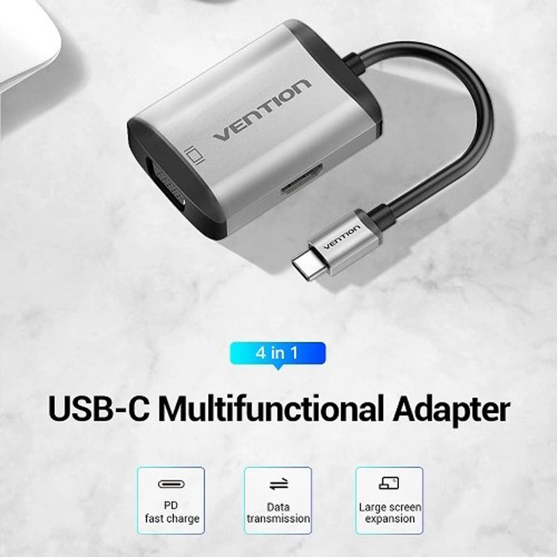 Vention สายแปลง 4 in 1 TYPE-C เป็น HDMI VGA USB3.0 PD (TFAHB) 15 ซม.