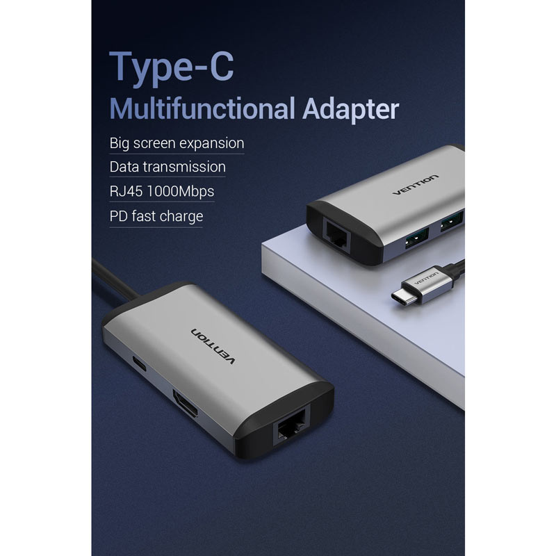 Vention สายแปลง 4 in 1 TYPE-C เป็น HDMI VGA USB3.0 RJ45 PD (CNCHB) 15 ซม.