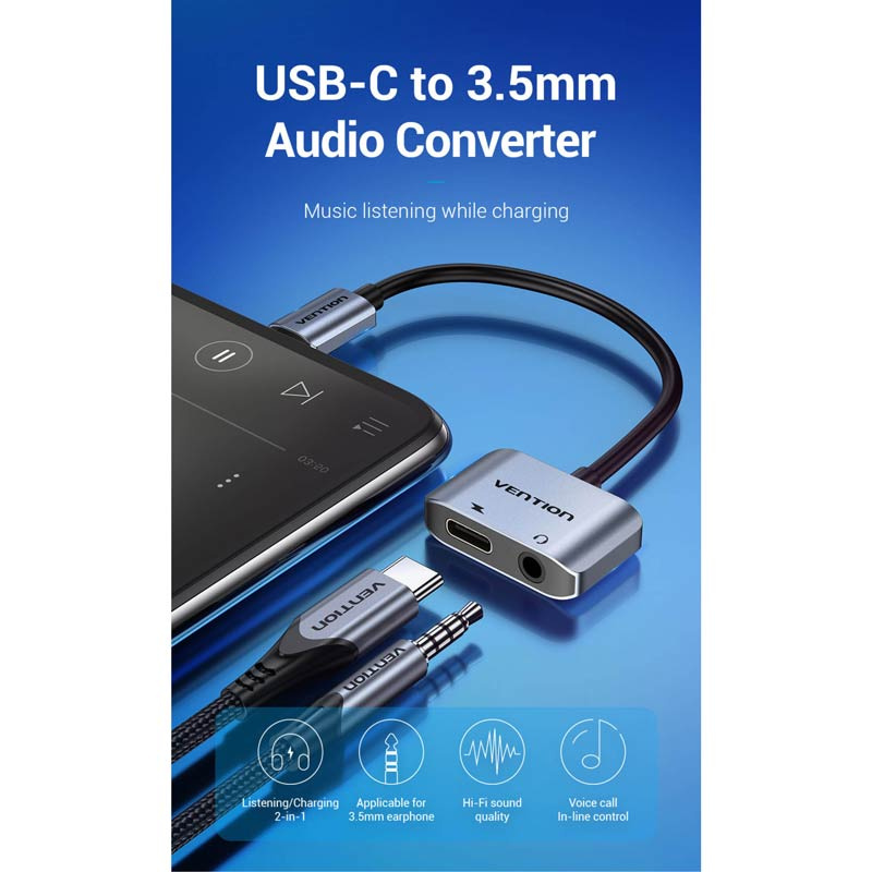 Vention สายแปลง TYPE-C เป็น 3.5 mm. และ PD Adapter (BGSHA) 15 ซม.