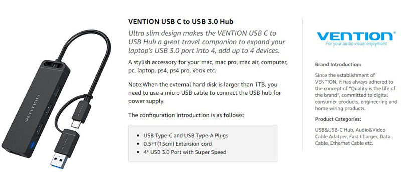 Vention อุปกรณ์เพิ่มช่องสัญญาณ USB3.0 & Type-C เป็น 4xUSB3.0 (CHTBB)