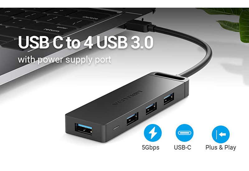 Vention อุปกรณ์เพิ่มช่องสัญญาณ Type-C เป็น 4xUSB3.0 (TGKBB)