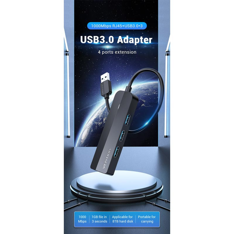 Vention อุปกรณ์เพิ่มช่องสัญญาณ USB3.0 เป็น 3xUSB3.0 และ Lan (CHNBB)