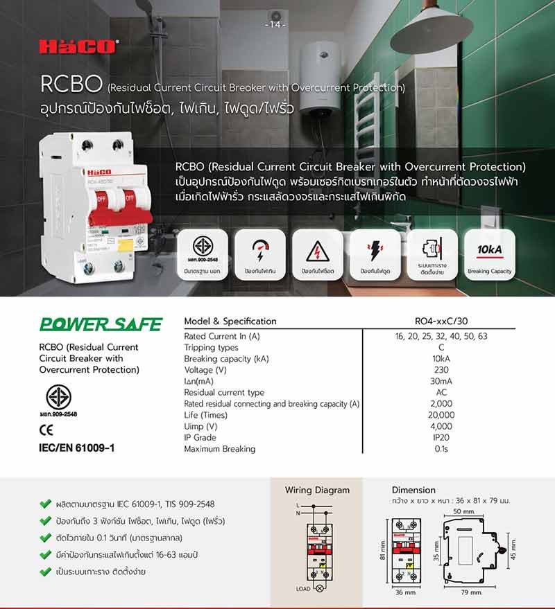 HACO อุปกรณ์ป้องกันไฟดูด ไฟเกิน รุ่น RO4-16C/30