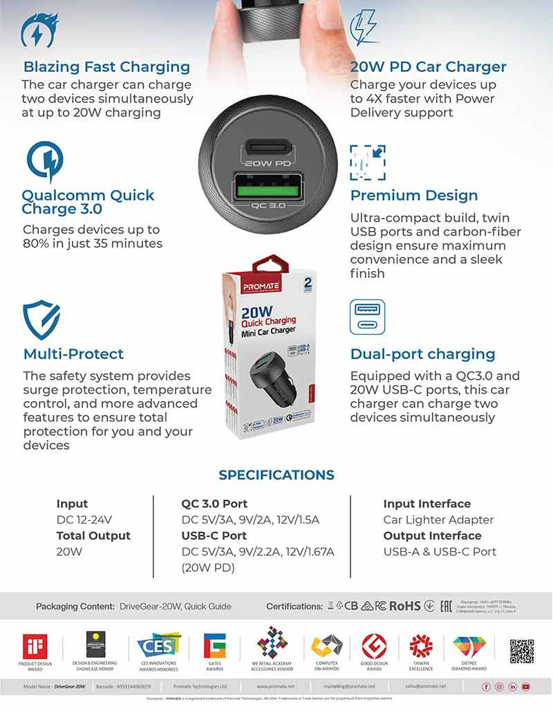 Promate หัวชาร์จในรถ รุ่น DriveGear-20W