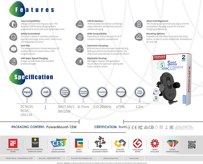 Promate หัวชาร์จในรถ รุ่น PowerMount-15W