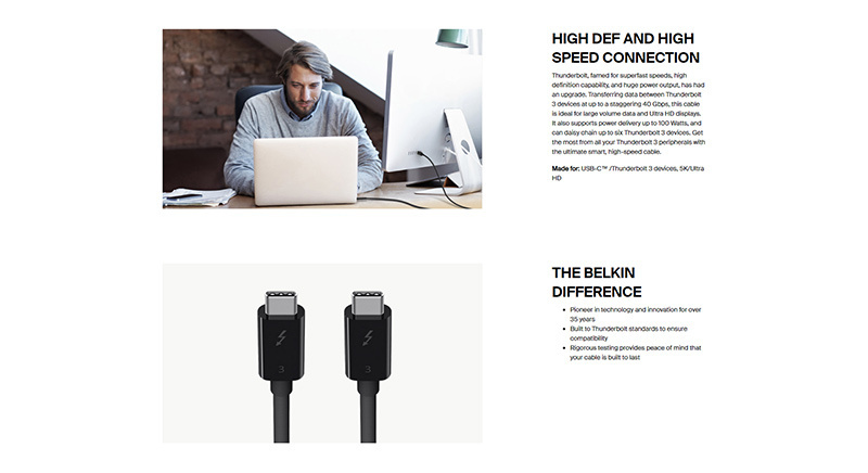 Belkin สายสัญญาณ Thunderbolt 3 USB-C to USB-C 100W (F2CD084bt0.8MBK)