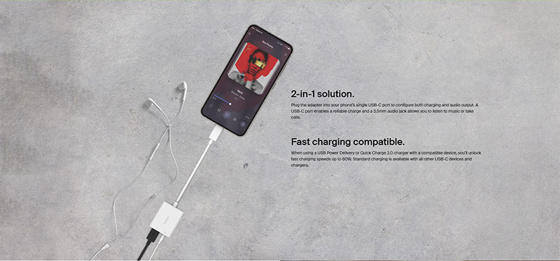 Belkin อุปกรณ์แปลงสัญญาณและกำลังไฟ RockStar 3.5mm Audio + USB-C Charge Adapter(NPA004btBK)