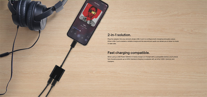 Belkin อุปกรณ์แปลงสัญญาณและกำลังไฟ RockStar USB-C Audio + Charge Adapter (F7U081btWH)