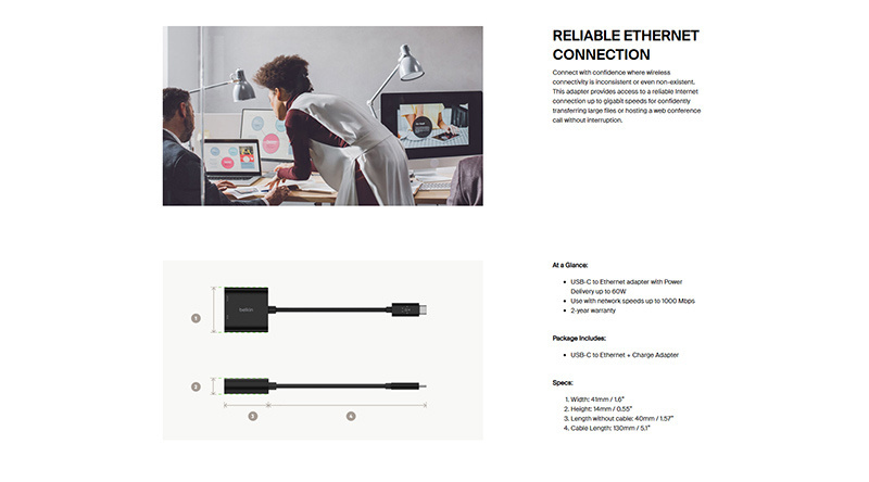 Belkin อุปกรณ์แปลงสัญญาณ USB-C to Ethernet + Charge Adapter (INC001btBK)