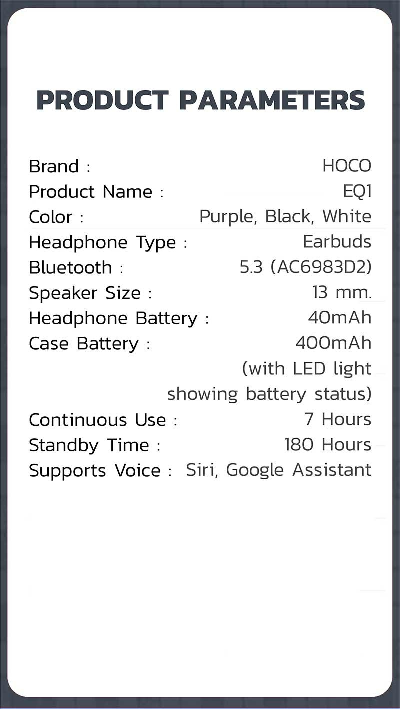 Hoco หูฟังบลูทูธแบบ True Wireless รุ่น EQ1