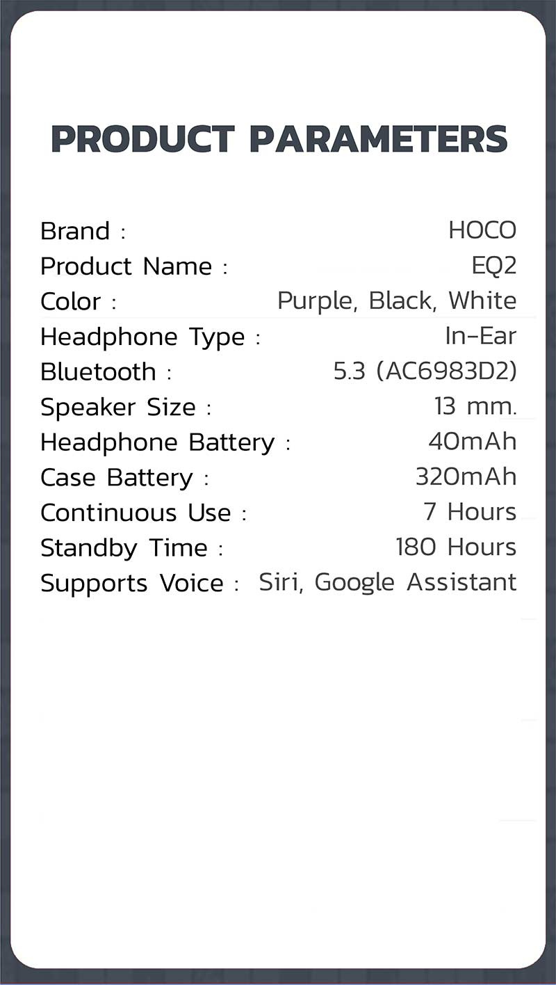 Hoco หูฟังบลูทูธแบบ True Wireless รุ่น EQ2