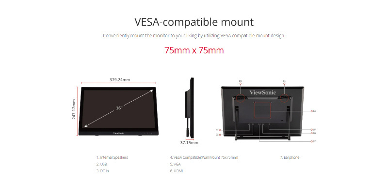 ViewSonic จอคอมพิวเตอร์ 16 นิ้ว รุ่น TD1630-3 Touch Screen