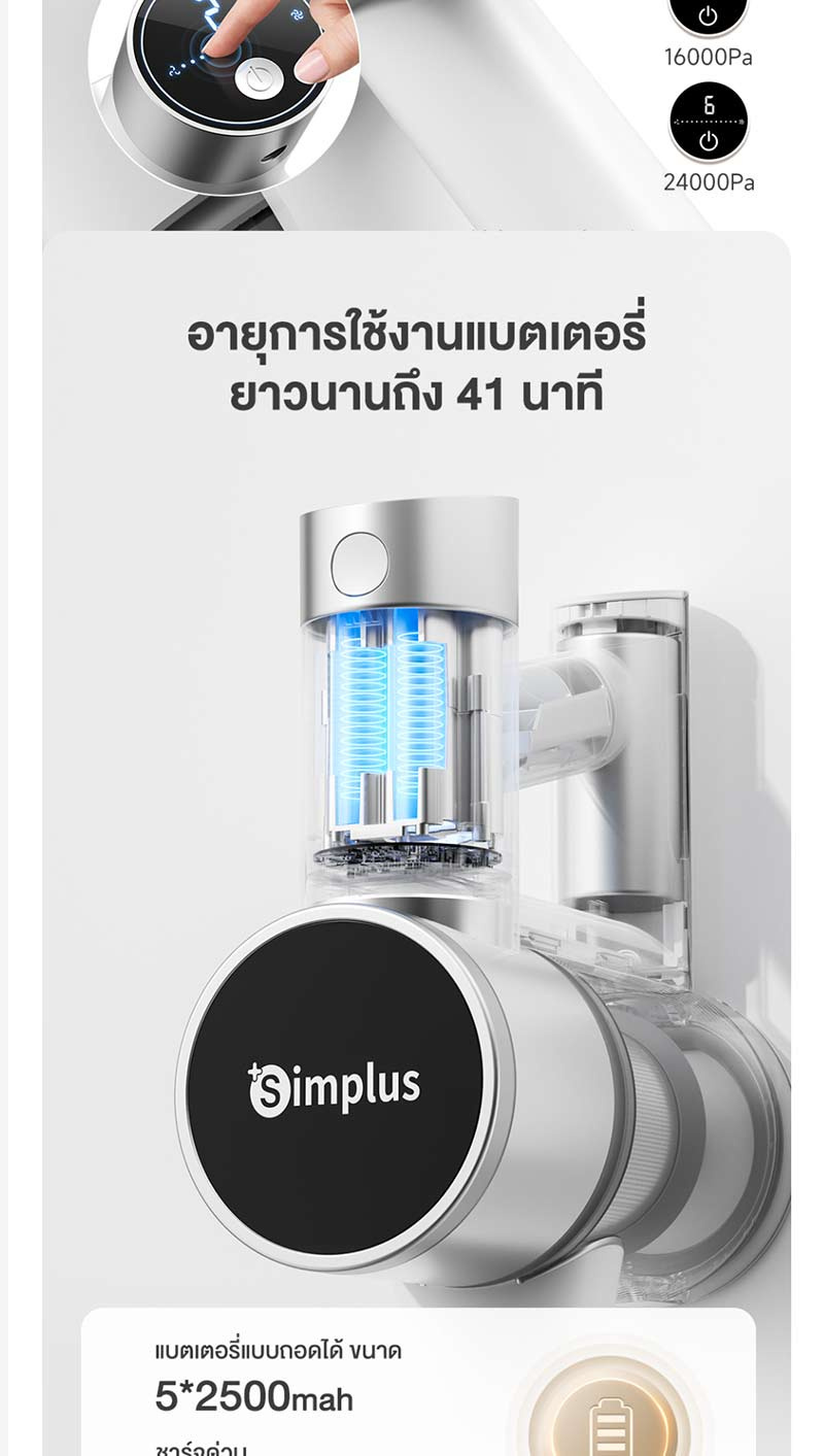 Simplus เครื่องดูดฝุ่นแบบไร้สาย 24kpa รุ่น XCQH013