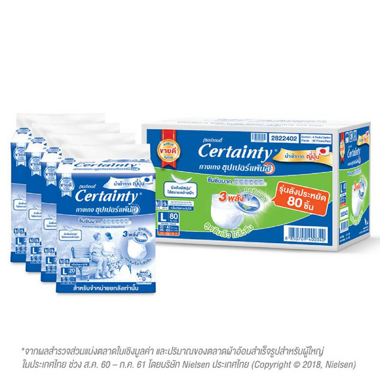 Certainty ซุปเปอร์แพ้นส์ กางเกงซึมซับ Super Save ไซส์ L (1ลัง/80ชิ้น) Certainty ซุปเปอร์แพ้นส์ กางเกงซึมซับ Super Save ไซส์ L (1ลัง/80ชิ้น)