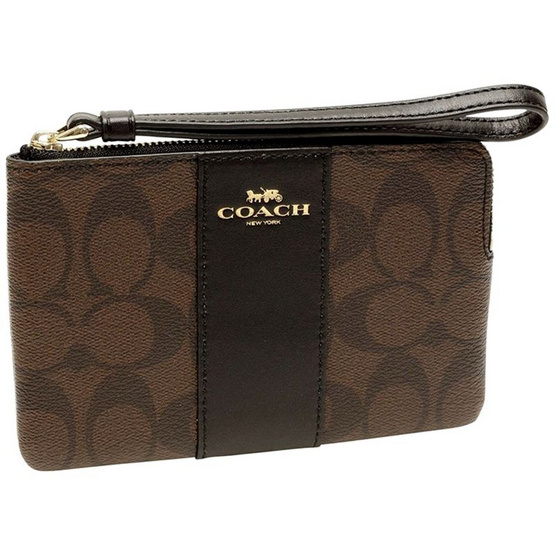 COACH กระเป๋า F58035 CORNER ZIP WRISTLET IN SIGNATURE COATED CANVAS WITH LEATHER STRIPE COACH กระเป๋า F58035 CORNER ZIP WRISTLET IN SIGNATURE COATED CANVAS WITH LEATHER STRIPE