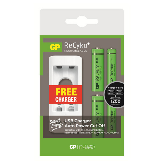 GP Recyko+ ถ่านชาร์จ รุ่น 1000 ขนาด AA 950 mAh (2ก้อน) และขนาด AAA 400 mAh (2ก้อน) พร้อมแท่นชาร์จ GP Recyko+ ถ่านชาร์จ รุ่น 1000 ขนาด AA 950 mAh (2ก้อน) และขนาด AAA 400 mAh (2ก้อน) พร้อมแท่นชาร์จ