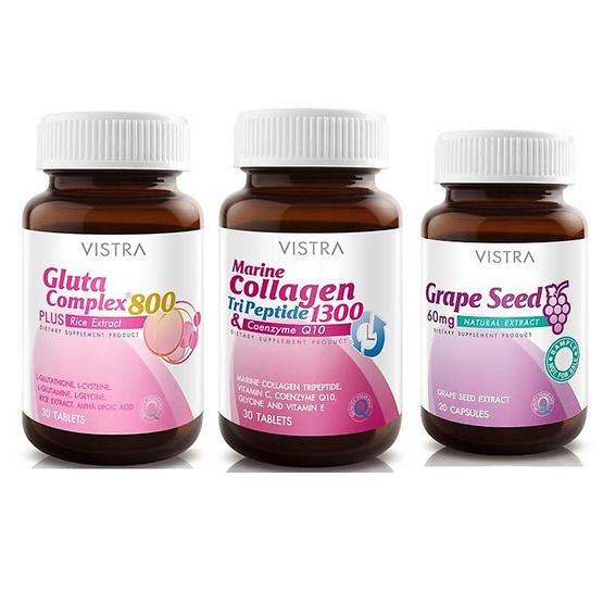 VISTRA ชุดดูแลผิวพรรณ Gluta 800,Marine Collagen,Grap seed 20 แคปซูล VISTRA ชุดดูแลผิวพรรณ Gluta 800,Marine Collagen,Grap seed 20 แคปซูล