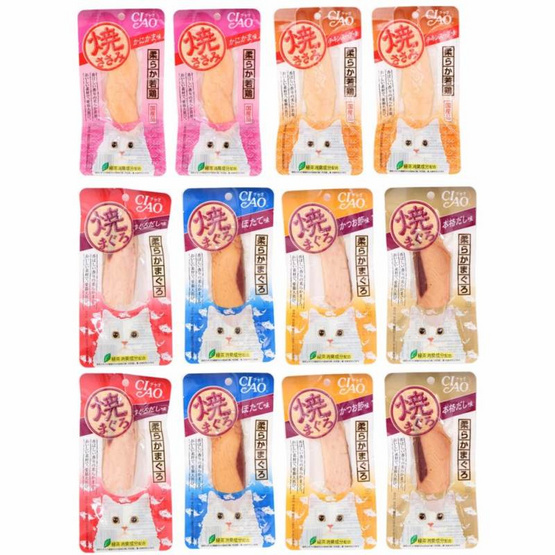 CIAO ขนมแมวชิ้นปลาทูน่าย่างและชิ้นสันในไก่ย่าง คละ 6 รส 12 ชิ้น CIAO ขนมแมวชิ้นปลาทูน่าย่างและชิ้นสันในไก่ย่าง คละ 6 รส 12 ชิ้น