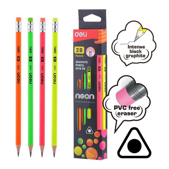 Deli ดินสอไม้ 2B ทรงสามเหลี่ยม คละสีนีออน (12 แท่งในกล่อง) Deli ดินสอไม้ 2B ทรงสามเหลี่ยม คละสีนีออน (12 แท่งในกล่อง)